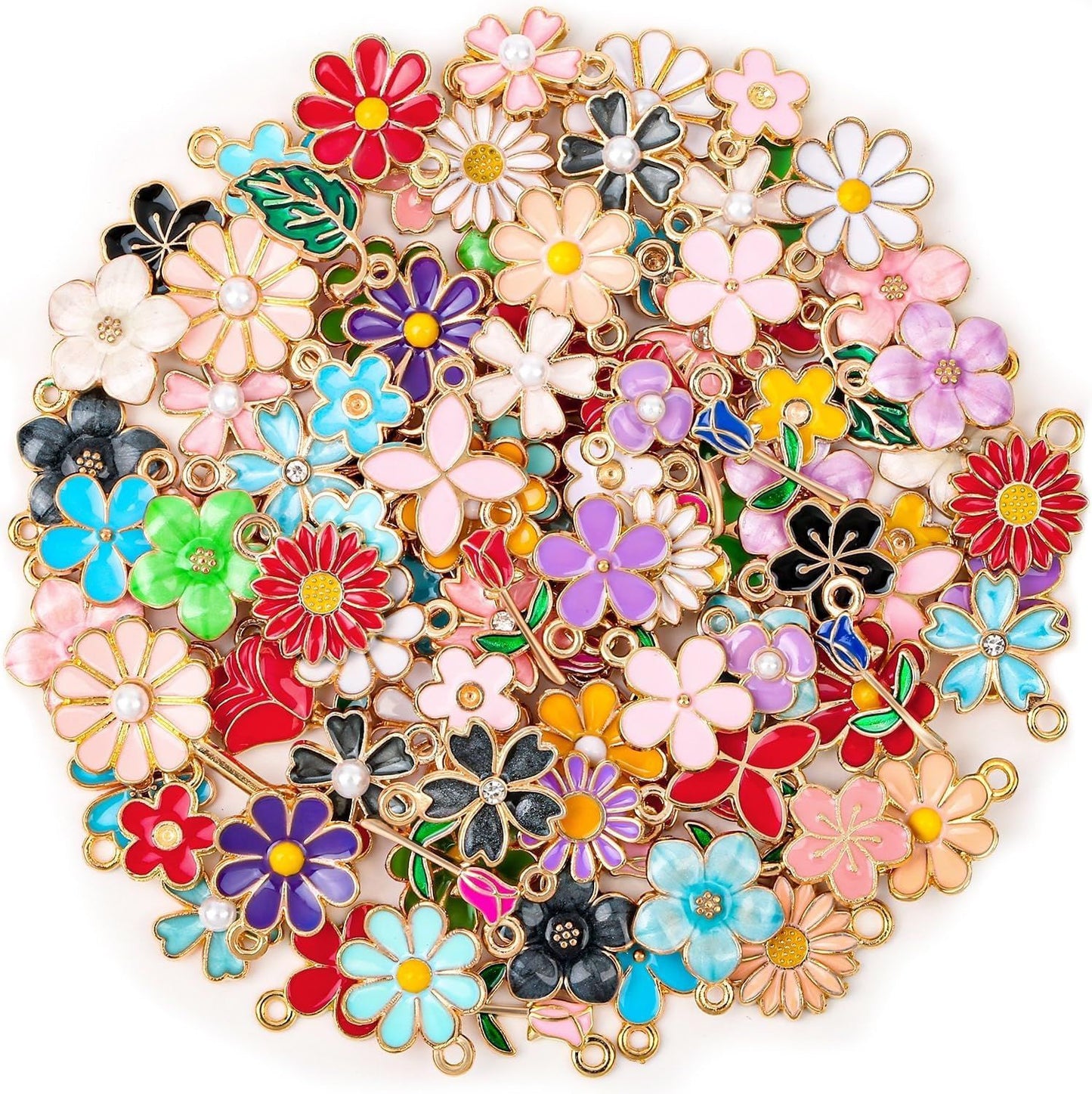 Mixed DIY Enamel Flower Charms, Sunflower Alloy Pendants for Bracelet Necklace Making