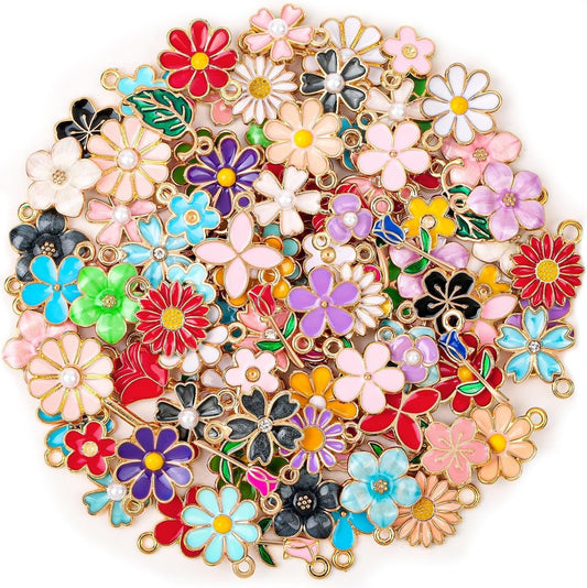 Mixed DIY Enamel Flower Charms, Sunflower Alloy Pendants for Bracelet Necklace Making