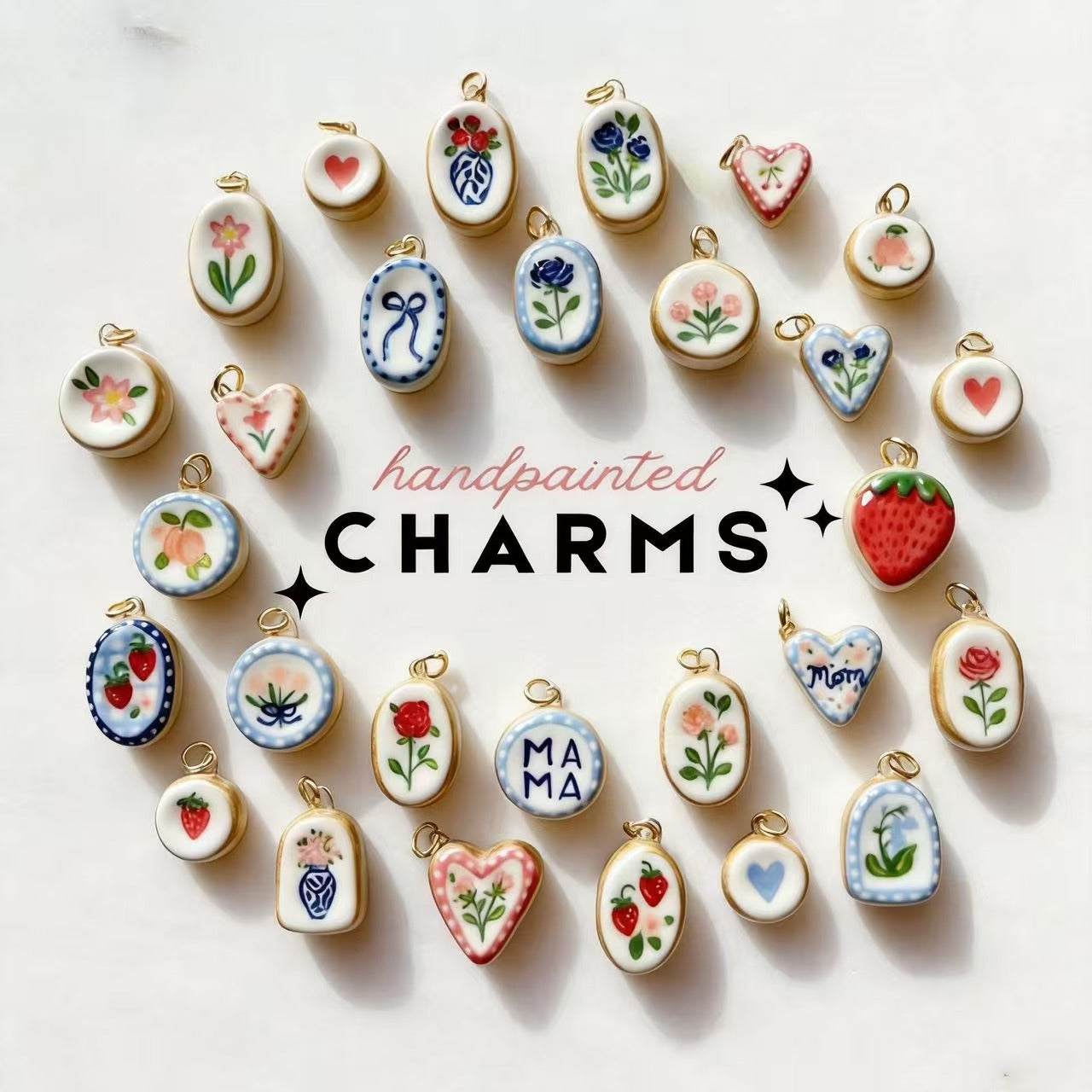 Pre-order Vintage Floral & Strawberry Handmade Ceramic Charms Set *28 pcs