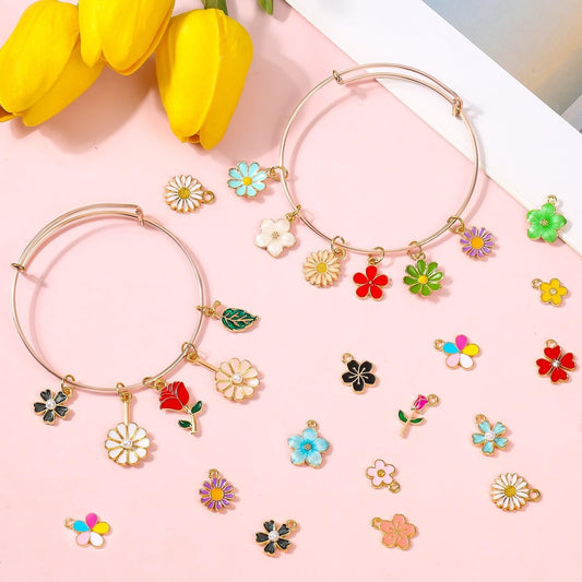 Mixed DIY Enamel Flower Charms, Sunflower Alloy Pendants for Bracelet Necklace Making