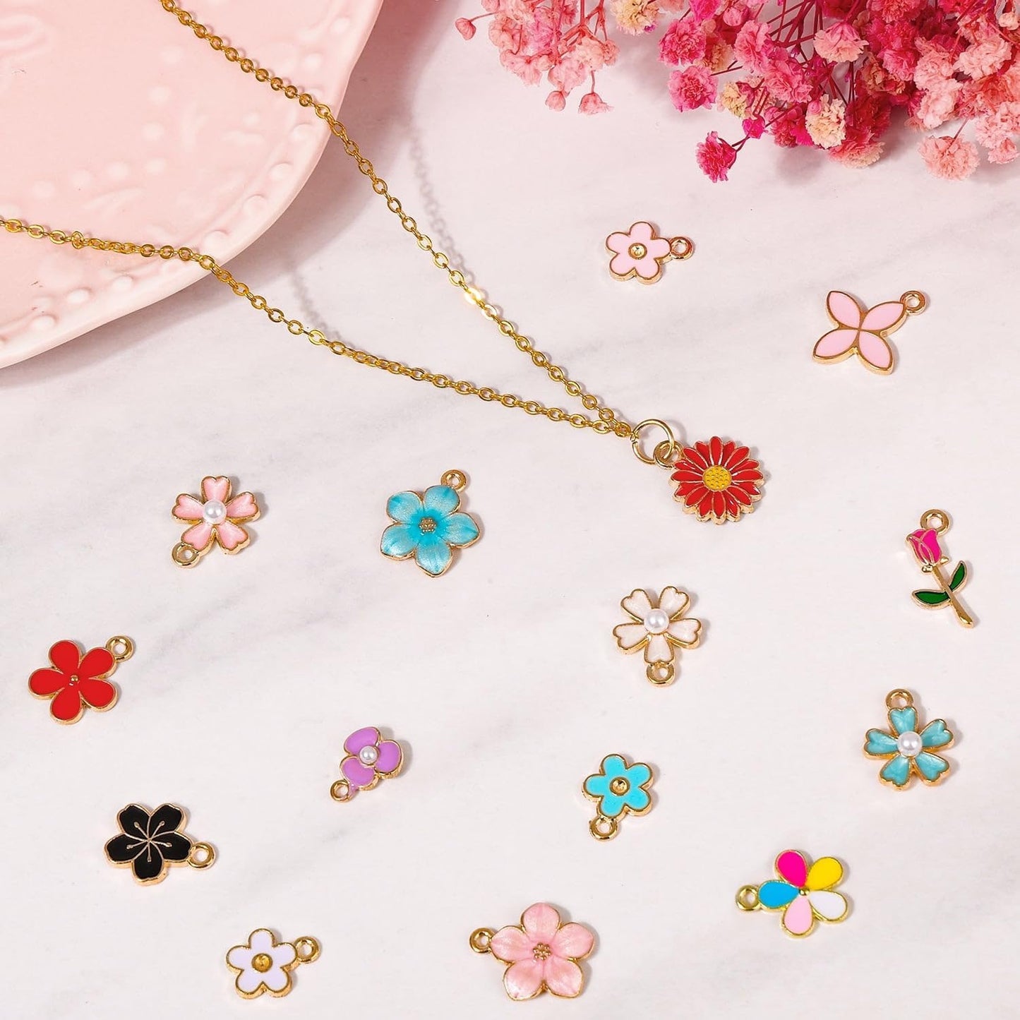 Mixed DIY Enamel Flower Charms, Sunflower Alloy Pendants for Bracelet Necklace Making